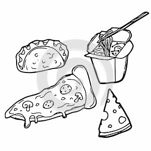 Delicious fast foods. Hand drawing black and white set that contains delious food illustrations. All food illustration are grouped