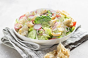 Delicious Fattoush or Arab salad with pita bread, fresh vegetables and basil on white plate. Middle Eastern bread salad