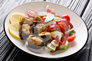 Delicious fish fried European eel with fresh vegetable salad and lemon closeup on a plate. horizontal