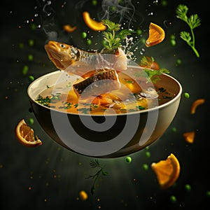 delicious fish soup floating in the air, professional food photography, studio background, advertising photography, cooking ideas