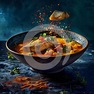 delicious fish soup floating in the air, professional food photography, studio background, advertising photography, cooking ideas