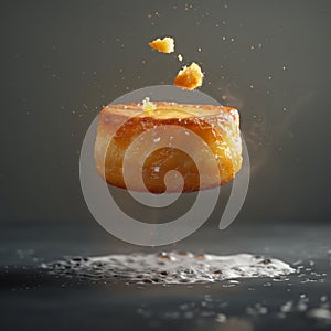 delicious flan floating in the air, professional food photography, studio background, advertising photography, cooking ideas