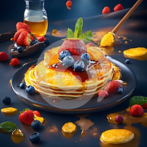 Delicious fluffy pancake in frying pan, fresh fruits and honey toppings in 3D illustration generated by Ai