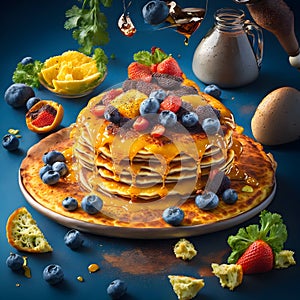 Delicious fluffy pancake in frying pan, fresh fruits and honey toppings in 3D illustration generated by Ai