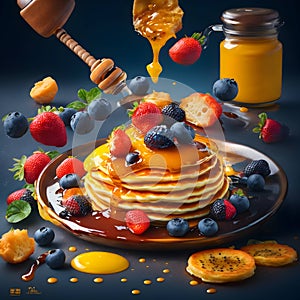 Delicious fluffy pancake in frying pan, fresh fruits and honey toppings in 3D illustration generated by Ai