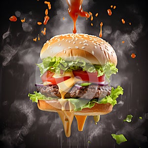 Delicious flying burger on black background with clouds of smoke. Food levitation. Juicy cheeseburger or hamburger flying in the
