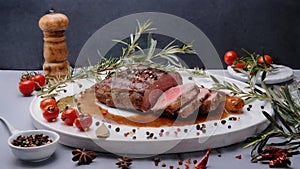 Delicious Food of grilled medium beef steak with vegetables on white plate