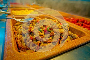 Delicious food inside of plastic trays served at traditional Mayan restaurant , Playa del Carmen, Mexico