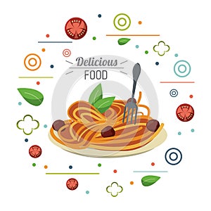 Delicious food italian dish pasta and fork card