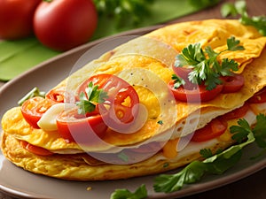 Delicious food omelete with tomato slice on plate
