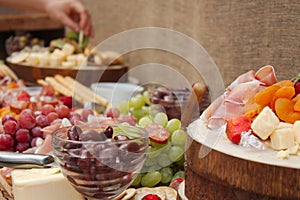 A Delicious Food Platter of Fruit, Nuts, Cheese, Dips, Deli Meat
