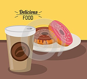Delicious food sweet donuts with paper coffee cup