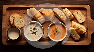 Delicious Four Cheese Dipping Sauces On Wooden Tray With Fresh Bread