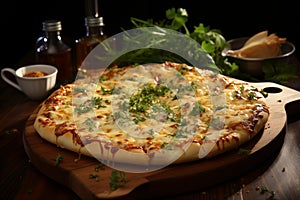Delicious four cheese pizza on a round wooden board photo