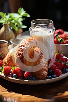 Delicious french breakfast with fresh croissants and ripe berries, cup of coffee and milk on old wooden background. AI
