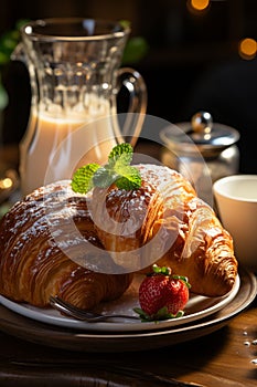 Delicious french breakfast with fresh croissants and ripe berries, cup of coffee and milk on old wooden background. AI