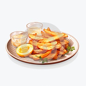 Delicious French Fries With Lemon Sauce And Dips