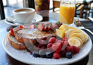 Delicious French Toast Breakfast Served with Fresh Fruits and Beverages