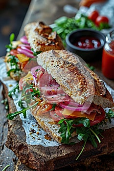 Delicious Fresh Baguette Sandwich with Ham and Vegetables