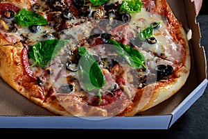 Delicious fresh baked pizza in cardboard box.Tasty fast food dish served in brown paper package.Tomato sauce,black olives,feta che