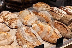 Delicious fresh bread on shelf in bakery