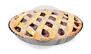 Delicious fresh cherry pie in baking dish isolated