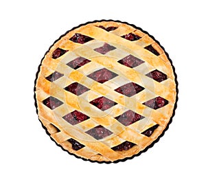 Delicious fresh cherry pie in baking dish isolated, top view