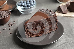 Delicious fresh chocolate cake served on table