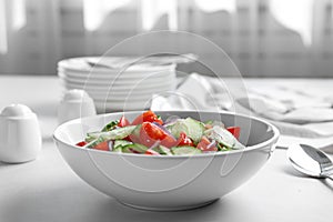 Delicious fresh cucumber tomato salad in bowl