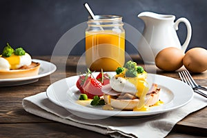 Delicious Fresh Eggs Benedict Breakast Plate On Table - . Generative AI