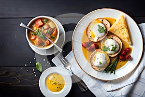 Delicious Fresh Eggs Benedict Breakast Plate On Table - . Generative AI