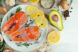 Delicious fresh fish steaks, salmon, trout. With vegetables, deli, vegan food, diet and Dotex