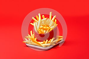 Delicious fresh French fries and smartphone in a cardboard pack on a red background