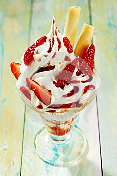Delicious fresh fruit strawberry ice cream parfait