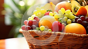 Delicious fresh fruits variety in woven basket, AI Generated