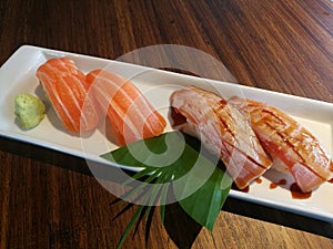 Delicious fresh gril salmon sushi and salmon sushi