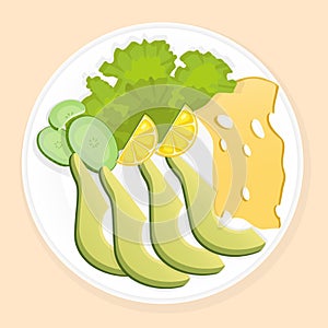 Delicious, fresh, healthy breakfast plate with avocado slices, cheese, lemon, cucumber and lettuce. Vector illustration