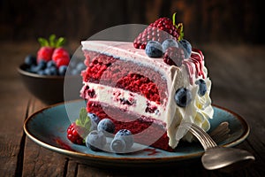 delicious fresh homemade red velvet cake with cream and berries