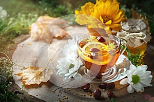 Delicious fresh honey and a Cup of healthy tea with lemon and rose hips on a wooden table. Selective focus.