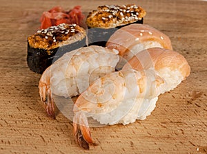Delicious fresh Japanese sushi rolls .