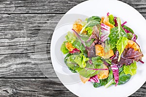 Delicious fresh low-calories salad of chicken breast and lettuce leaves