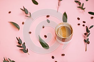 Delicious fresh morning espresso coffee with beautiful crema with eucalyptus leaves and coffee beans on the tender pink background