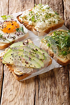 Delicious fresh open sandwiches with hummus, avocado, feta cheese, microgreen and egg closeup. vertical
