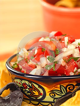 Delicious fresh pico de gallo salsa and chips photo
