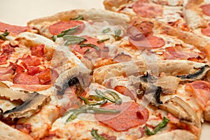 Delicious fresh pizza with cheese, pepperoni, bacon and mushrooms close up on light background for your design