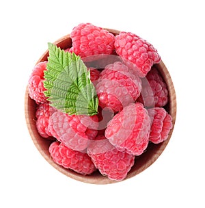 Delicious fresh ripe raspberries in bowl on white, top view