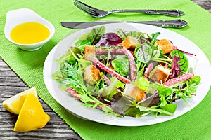 Delicious fresh salad of salami and mixed lettuce leaves - baby spinach, arugula, chard in a white dish on the old wooden table, t