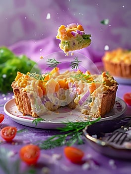 Delicious Fresh Salmon Tartlets with Creamy Filling and Dill Garnish on Elegant Table Setting with Purple Background