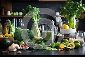 Delicious fresh smoothies and a blender with ingredients on the kitchen table. Lots of vegetables and fruits around