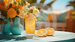 Delicious fresh squeezed orange juice in a glass with sliced oranges. decorated with yellow flowers on a blue table by the pool